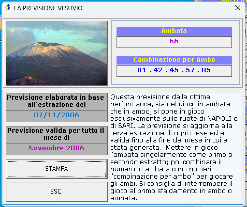 Finestra «La previsione Vesuvio» del software Lotto Sesto-Senso: ambata 66, combinazione per ambo 1, 42, 45, 57 e 85, previsione elaborata in base all'estrazione del 7 novembre 2006 e valida per tutto il mese di novembre 2006